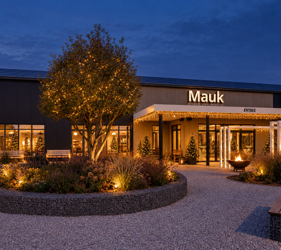 Een volledig versierde Mauk in kerstverlichting