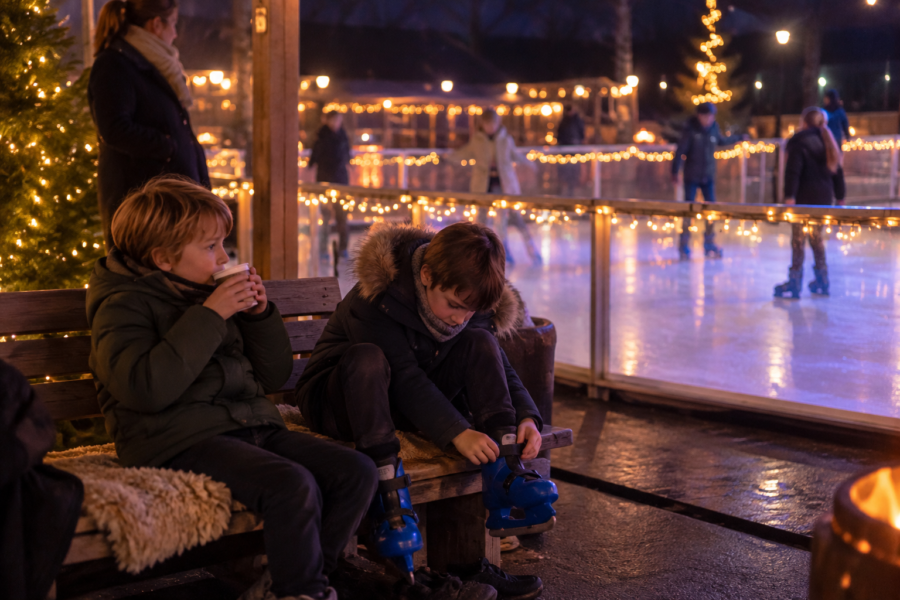 Chocomelk drinken en de schaatsen aan doen op het Winterplein